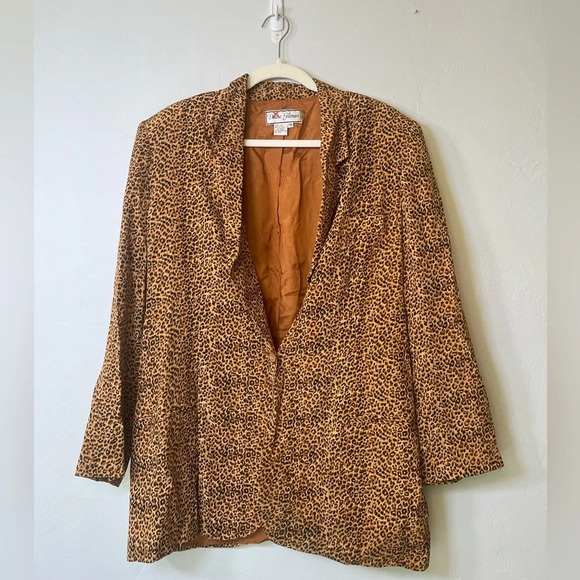 Diane Gilman Vintage 90s Mob Wife Oversized Cheetah Print Silk Blazer. A12 - Picture 1 of 4